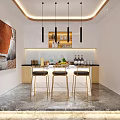 Modern Tea Room Interior Design With Marble Counter Bar Stools And Pendant Lights 3d model