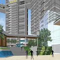 Modern High Rise Residential Complex With Green Spaces And Swimming Pool Area