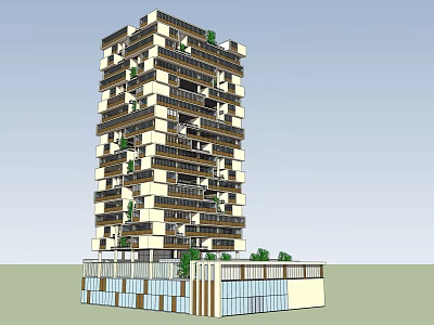 Modern High Rise Office Building With Geometric Facade Balconies Greenery And Ground Floor Glass Windows 3d model