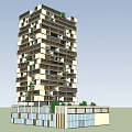 Modern High Rise Office Building With Geometric Facade Balconies Greenery And Ground Floor Glass Windows