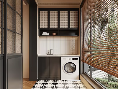 Modern Laundry Room With Washing Machine Sink Cabinets Bamboo Blinds And Black White Diamond Tiles 3d model