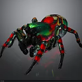 Colorful Spider with Green Red Spots Striped Legs and Shiny Exoskeleton Against Dark Background