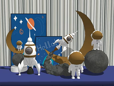 Space Theme Decorative Ornament Set With Astronaut Rocket Moon Planet Hallo Text And Starry Sky 3d model