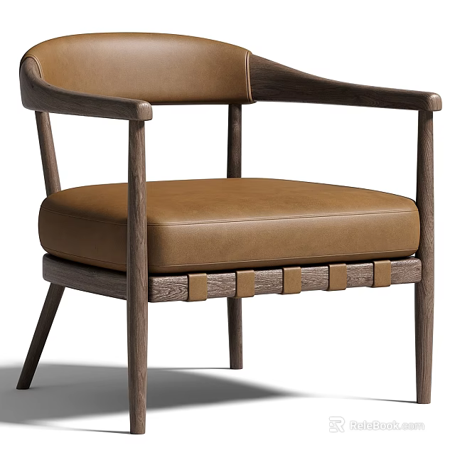Modern Brown Leather Accent Chair With Sturdy Wooden Frame And Armrests 3d model 