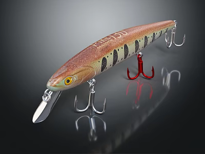Fish Shaped Fishing Lure With Red Brown Body Black Stripes Yellow Eyes And Metal Hooks 3d model