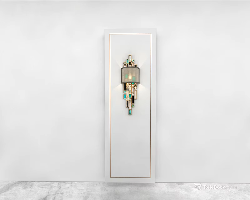 Modern Geometric Wall Sconce with Gold Green Accents on White Wall and Rectangular Mirror 3d model 