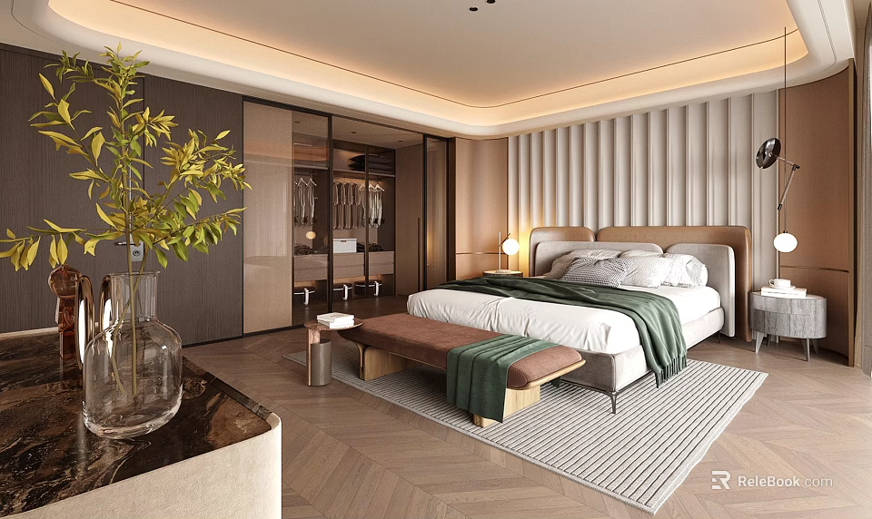 Modern Bedroom Interior Design With Herringbone Floor Vertical Slat Wall Bed Bench And Green Plant 3d model 