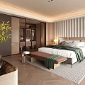 Modern Bedroom Interior Design With Herringbone Floor Vertical Slat Wall Bed Bench And Green Plant