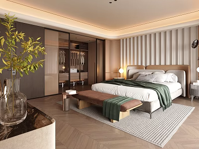 Modern Bedroom Interior Design With Herringbone Floor Vertical Slat Wall Bed Bench And Green Plant 3d model