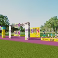 Outdoor Event Setup With Colorful RUN Letters Pink Ground Green Grass Trees And Signboards