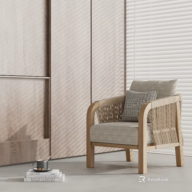 Modern Light Gray Fabric Armchair with Wooden Frame Woven Armrests and Plaid Cushion 3d model 