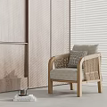 Modern Light Gray Fabric Armchair with Wooden Frame Woven Armrests and Plaid Cushion