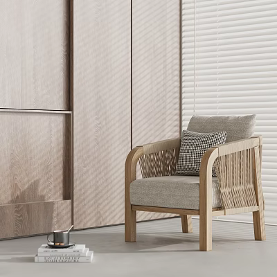 Modern Light Gray Fabric Armchair with Wooden Frame Woven Armrests and Plaid Cushion 3d model