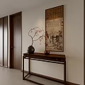 Modern Chinese Entryway Hallway Design With Lattice Partition And Wooden Console Table