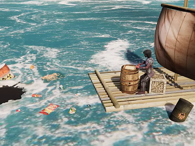 Simple Wooden Raft With Person Wooden Barrel Crate On Ocean Water With Floating Trash 3d model