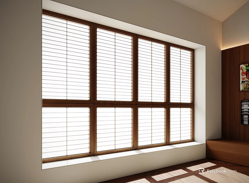 Wooden Frame Casement Windows With Blinds And Multiple Panes In Bright Interior Room 3d model 