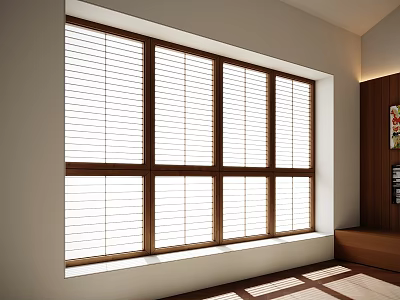 Wooden Frame Casement Windows With Blinds And Multiple Panes In Bright Interior Room 3d model