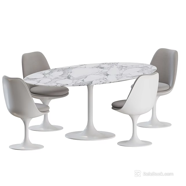 Modern Oval Marble Dining Table Set With Four Stylish Grey And White Chairs 3d model