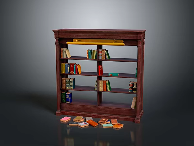 Dark Red Wooden Bookshelf With Multiple Shelves Holding Colorful Books And Scattered Papers 3d model