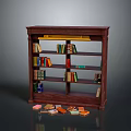 Dark Red Wooden Bookshelf With Multiple Shelves Holding Colorful Books And Scattered Papers