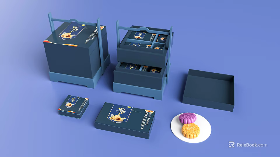 Elegant Blue Mooncake Gift Boxes With Pastry On White Plate And Packaging 3d model 