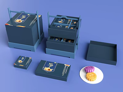 Elegant Blue Mooncake Gift Boxes With Pastry On White Plate And Packaging 3d model