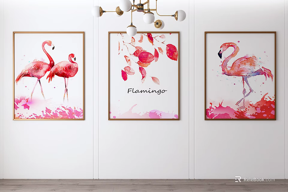 Vibrant Flamingo Animal Paintings In Watercolor Style Framed For Wall Decor 3d model 