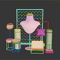 Elegant Luxury Furniture Display With Pink Stools Gold Frame And Mirrors
