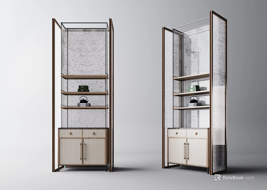 Modern Double Symmetric Decorative Display Cabinets With Wooden Frame Glass Panels And Storage Shelves 3d model 