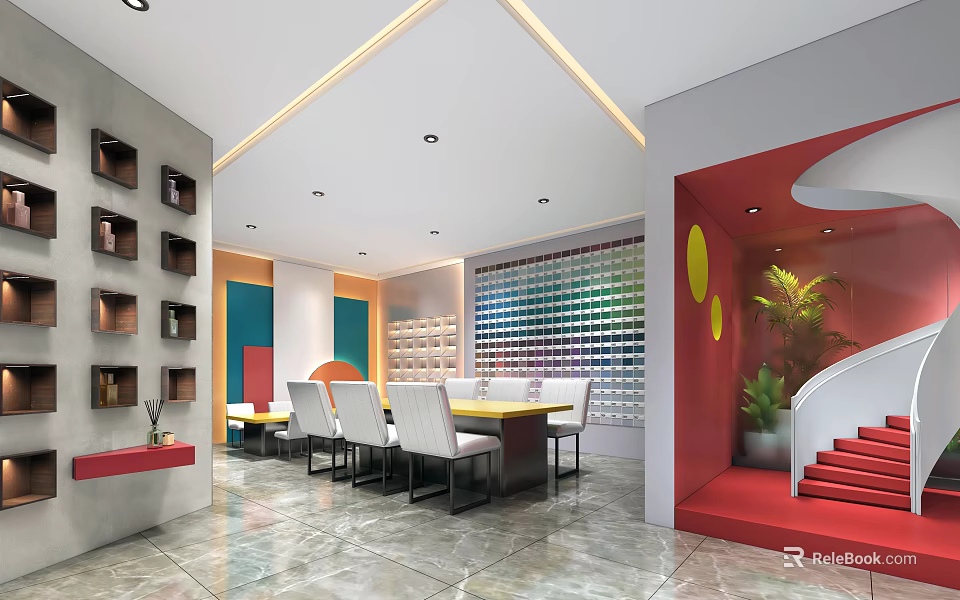 Modern Interior Design With Colorful Decor Yellow Dining Table White Chairs Red Staircase 3d model 