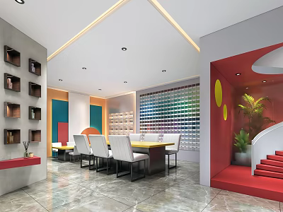Modern Interior Design With Colorful Decor Yellow Dining Table White Chairs Red Staircase 3d model