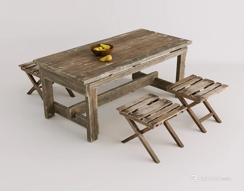 Rustic Wooden Table And Chairs Set With Fruit Bowl And Natural Texture 3d model 
