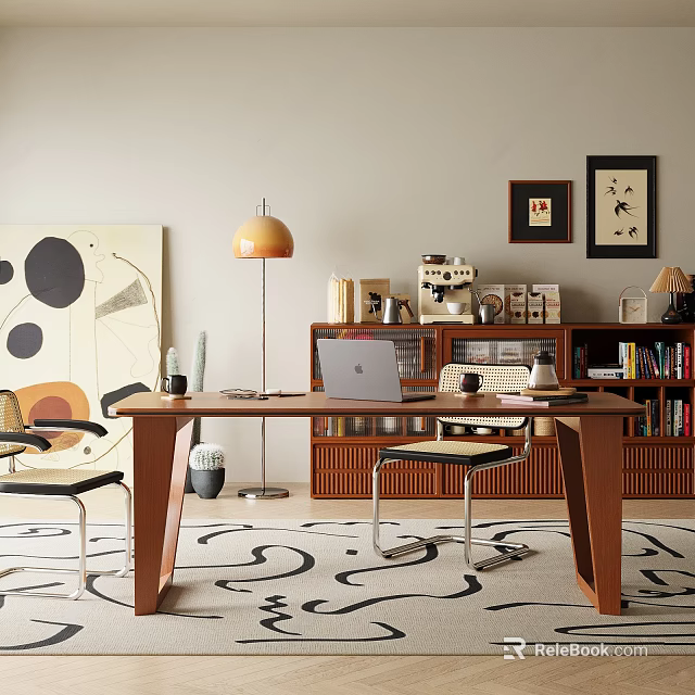 Cozy Modern Study Room With Wooden Desk Laptop Table Lamp And Bookshelf Chair 3d model 