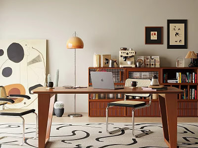 Cozy Modern Study Room With Wooden Desk Laptop Table Lamp And Bookshelf Chair 3d model