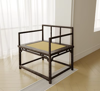 Classic Armchair With Black Frame And Yellow Cushion In Light Wooden Floor Room 3d model