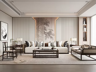 New Chinese Style Living Room Sofa Coffee Table Combination Living Room Sofa Double Sofa Leisure Chair Living Room Background Wall 3d model