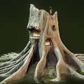 Tree House Architecture In Tree Trunk Structure With Spreading Roots Staircase And Lit Windows