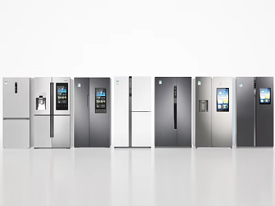 Modern Kitchen Appliances Featuring Various Stainless Steel Refrigerators With Digital Screens 3d model