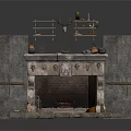 Rustic Stone Fireplace Structure With Carved Details Shelves Holding Pans Deer Head Decor