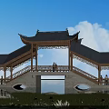 Traditional Chinese Bridge With Overhanging Eaves Lotus Flowers Greenery And People Resting By Water