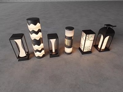 Stylish Modern Outdoor Lamps Featuring Various Shapes Decorative Shades And Black Bases 3d model