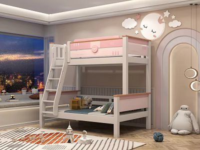 Kids Bedroom With Pink And White Bunk Bed Moon Stars Cloud Decor And Arch Design 3d model