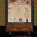 Wood Grain Entryway Console Cabinet With Golden Legs Table Lamp Blue Vase And Bamboo Wallpaper
