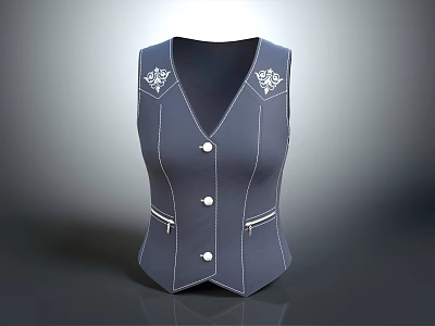 Dark Blue Vest With White Embroidered Shoulder Patterns Stitching Buttons And Pockets 3d model