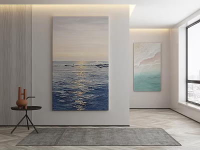 Modern Interior Featuring Large Seaside Painting Abstract Art Gray Rug Black Side Table Brown Vases 3d model