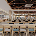 Open Restaurant Interior With Geometric Wooden Ceiling Wooden Tables Blue Cushioned Chairs Bright Lighting