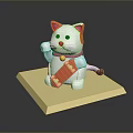 White Cat With Orange Ears Red Collar Yellow Bell And Red Scroll On Yellow Base