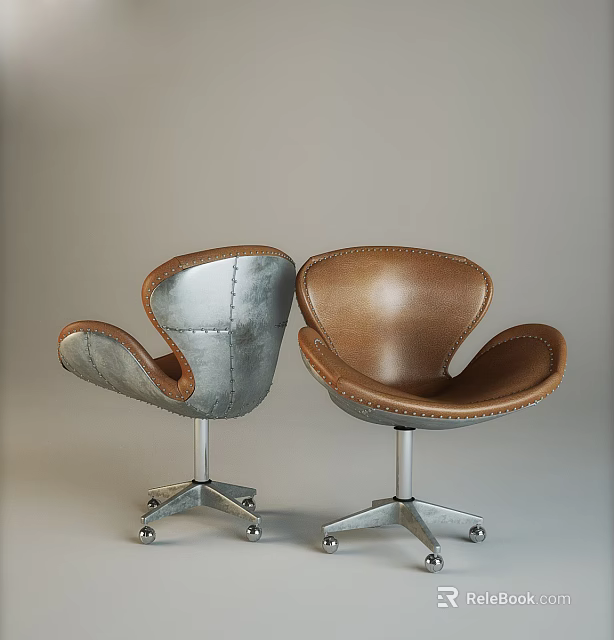 Modern Leisure Chairs Featuring Silver Metal Brown Leather Curved Backrest Armrests and Metal Base Wheels 3d model 
