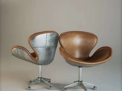 Modern Leisure Chairs Featuring Silver Metal Brown Leather Curved Backrest Armrests and Metal Base Wheels 3d model
