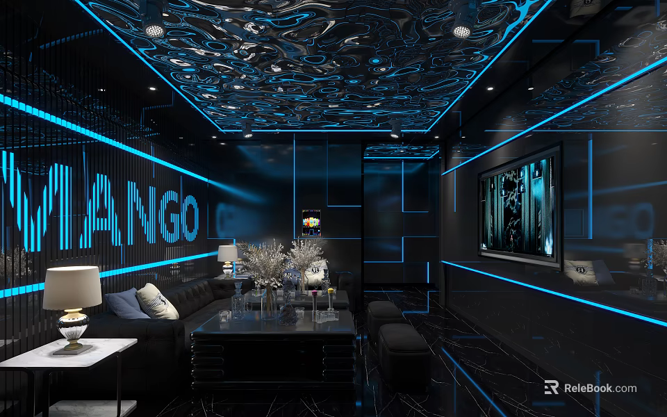 Modern KTV Lounge Interior With Black Walls Blue Lighting Sofa Coffee Table And Wall Art 3d model 